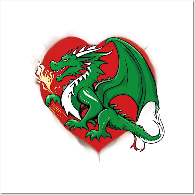 Fiery Welsh Dragon's Rainbow Heart Burst Tee Classic Wall Art by trubble